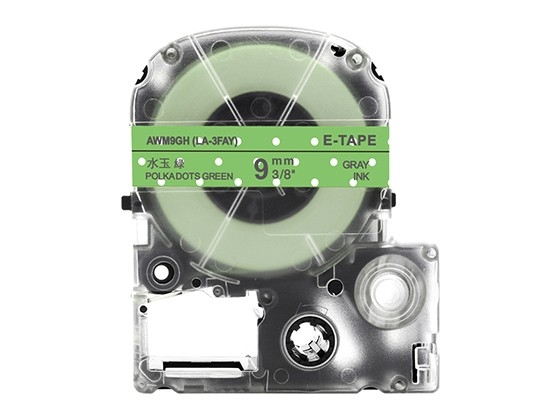テプラPRO用 互換テープカートリッジ 9mm水玉緑色地グレー文字 模様テープ 汎用テープ